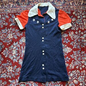 Vintage Dress Girls Size Large Blue White Red Sailor Puff Sleeve USA 60s 70s